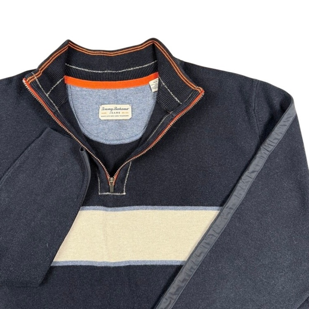 Tommy Bahama Mens Navy Blue Cotton Quarter Zip Sweater Stripe Nylon Trim Medium